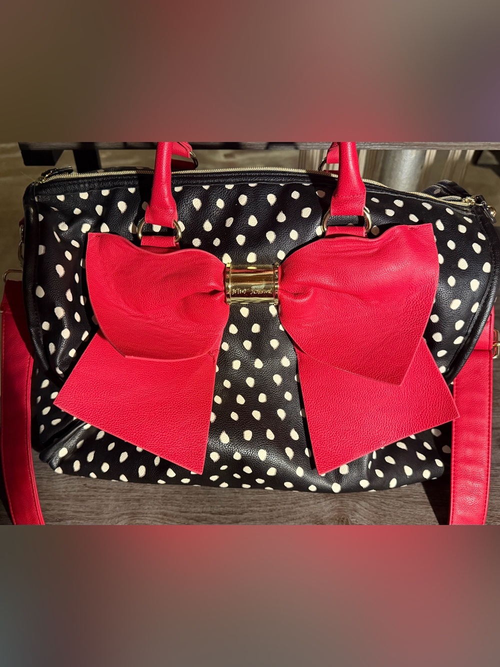 Betsey Johnson Black & White Polka Dot Tote with Red Bow & Accents